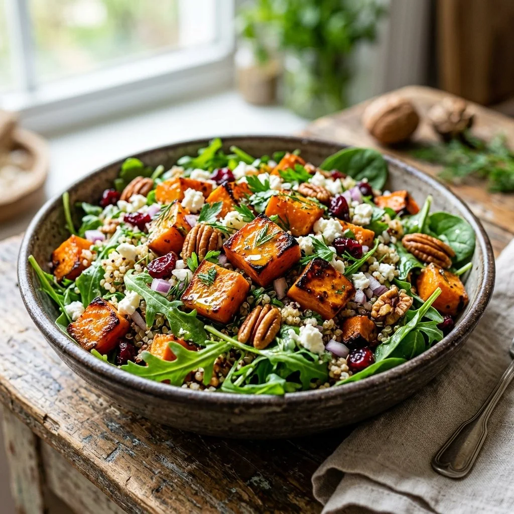 Bowl of roasted sweet potato salad with greens and dressing