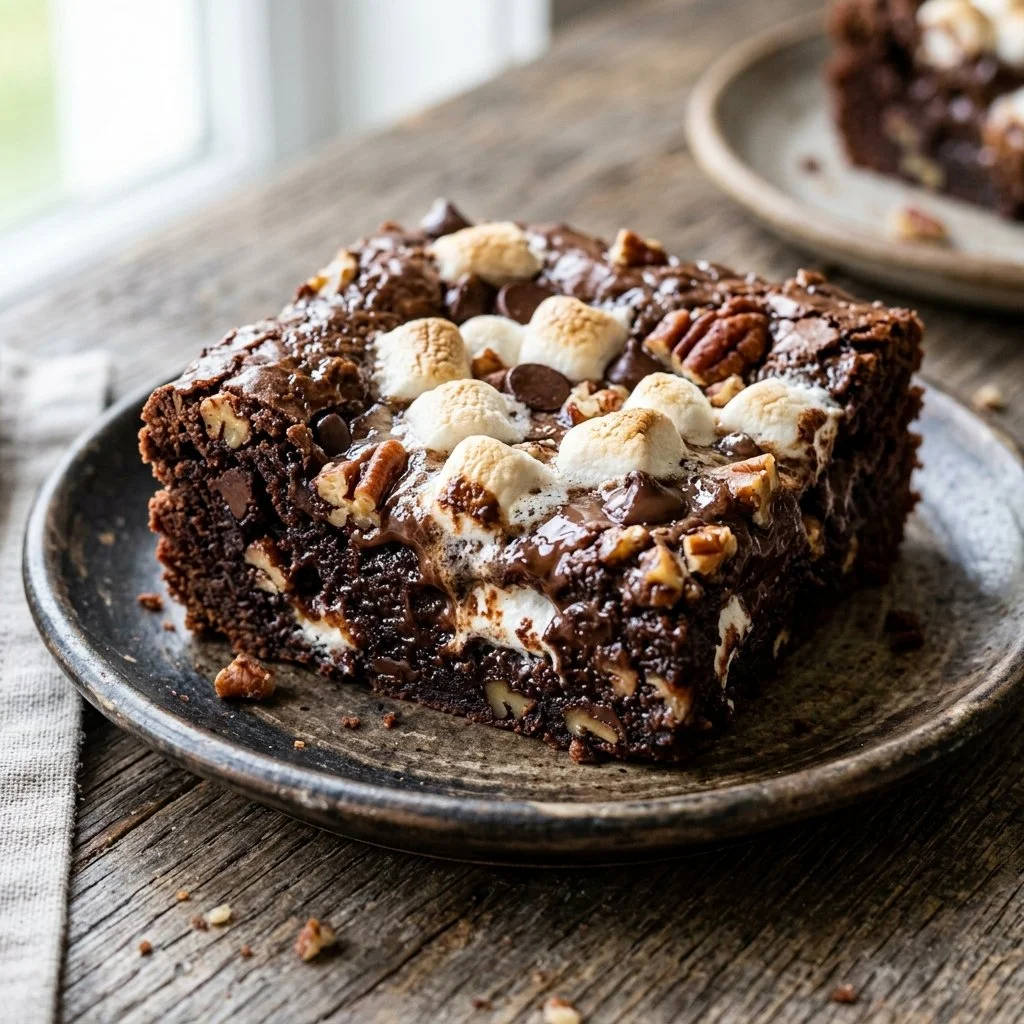 Homemade Rocky Road Brownies with chocolate, nuts, and marshmallows