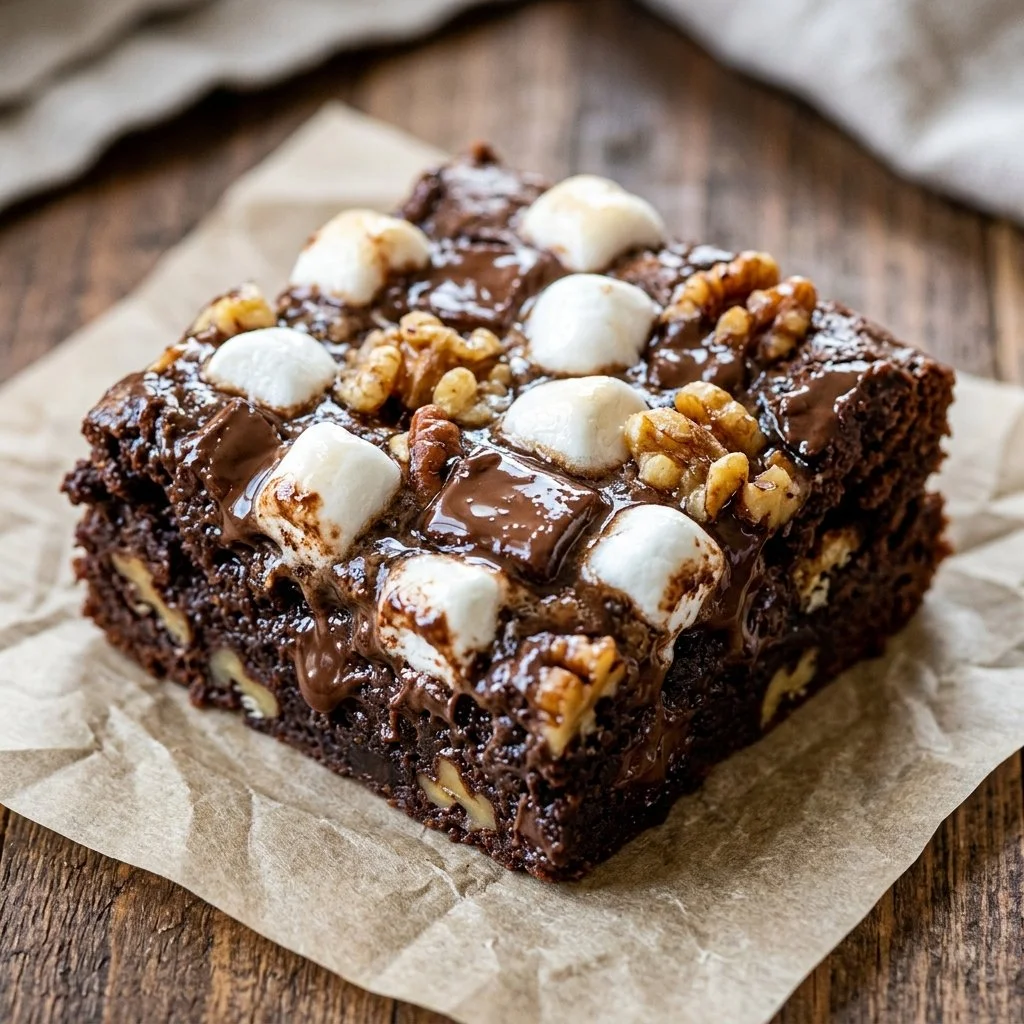 Decadent Rocky Road Brownies with marshmallows and nuts