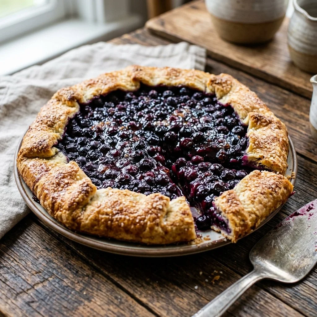 Freshly baked rustic blueberry galette with flaky crust and vibrant blueberries