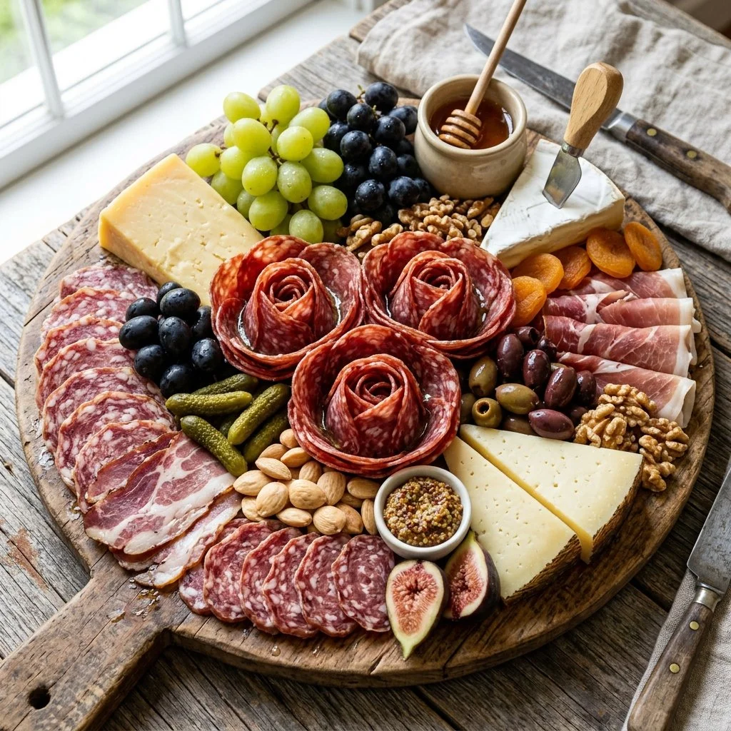 Stunning salami rose charcuterie display for gourmet gatherings