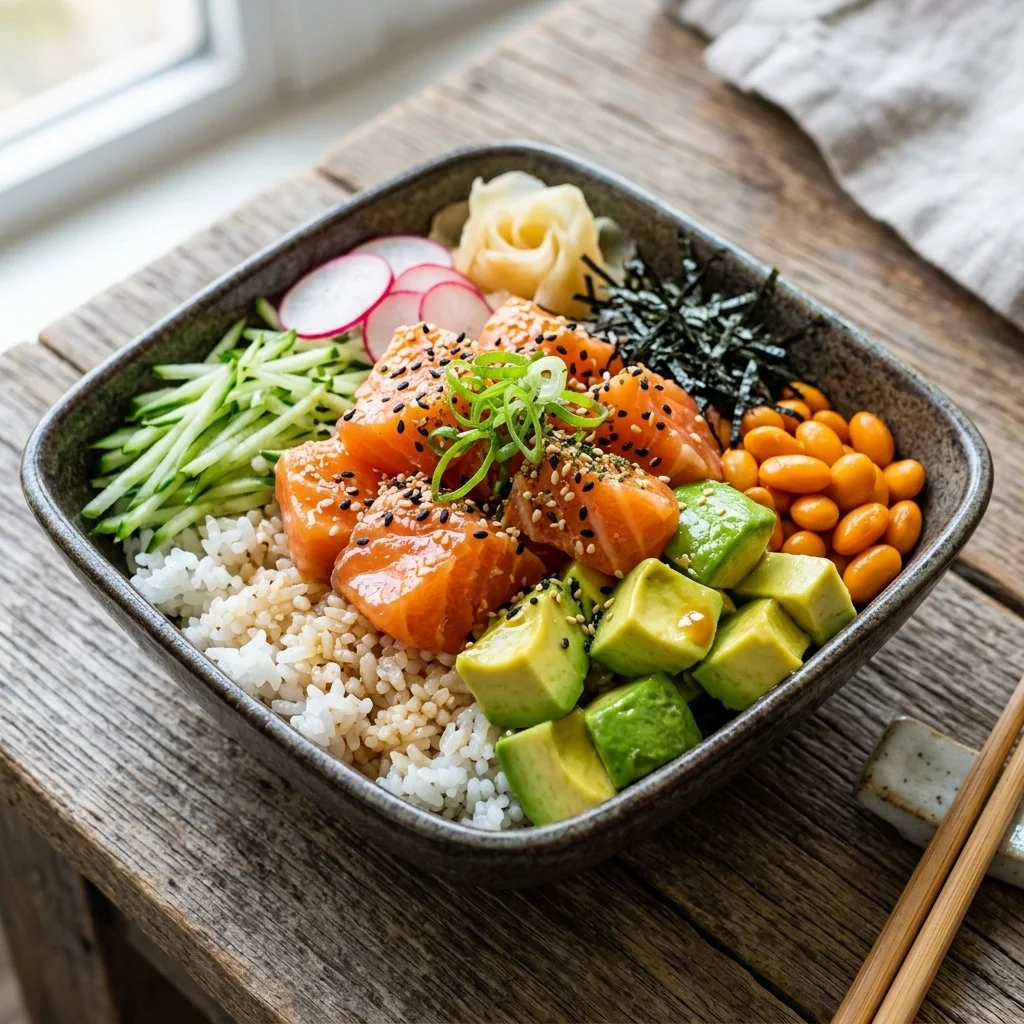 Fresh salmon avocado bowls with colorful vegetables and grains