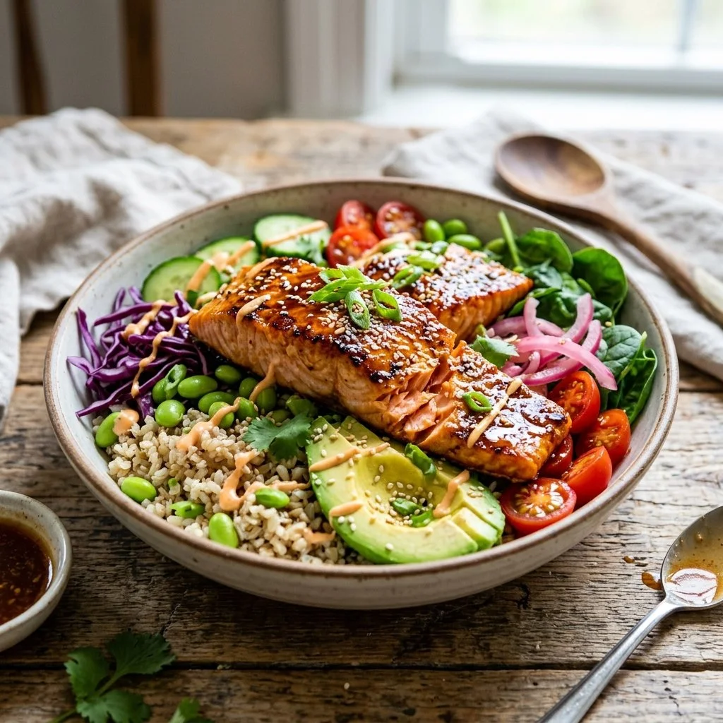 A vibrant Salmon Power Bowl filled with fresh vegetables and grains