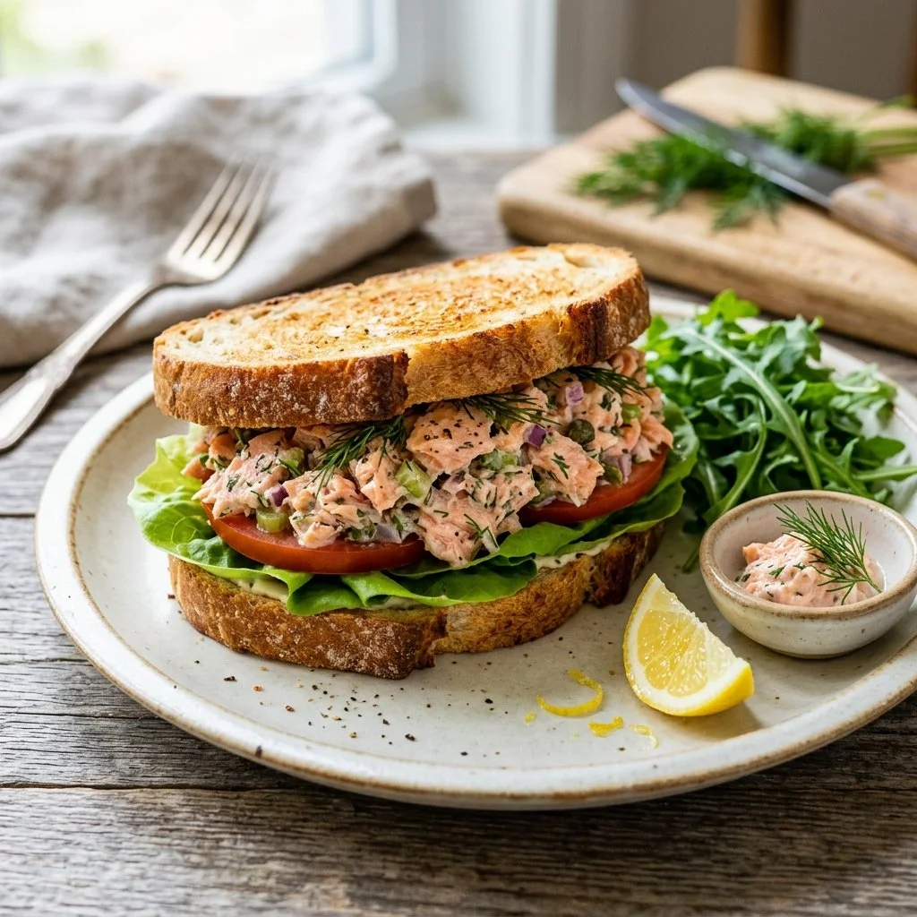 Delicious salmon salad sandwich served on whole grain bread