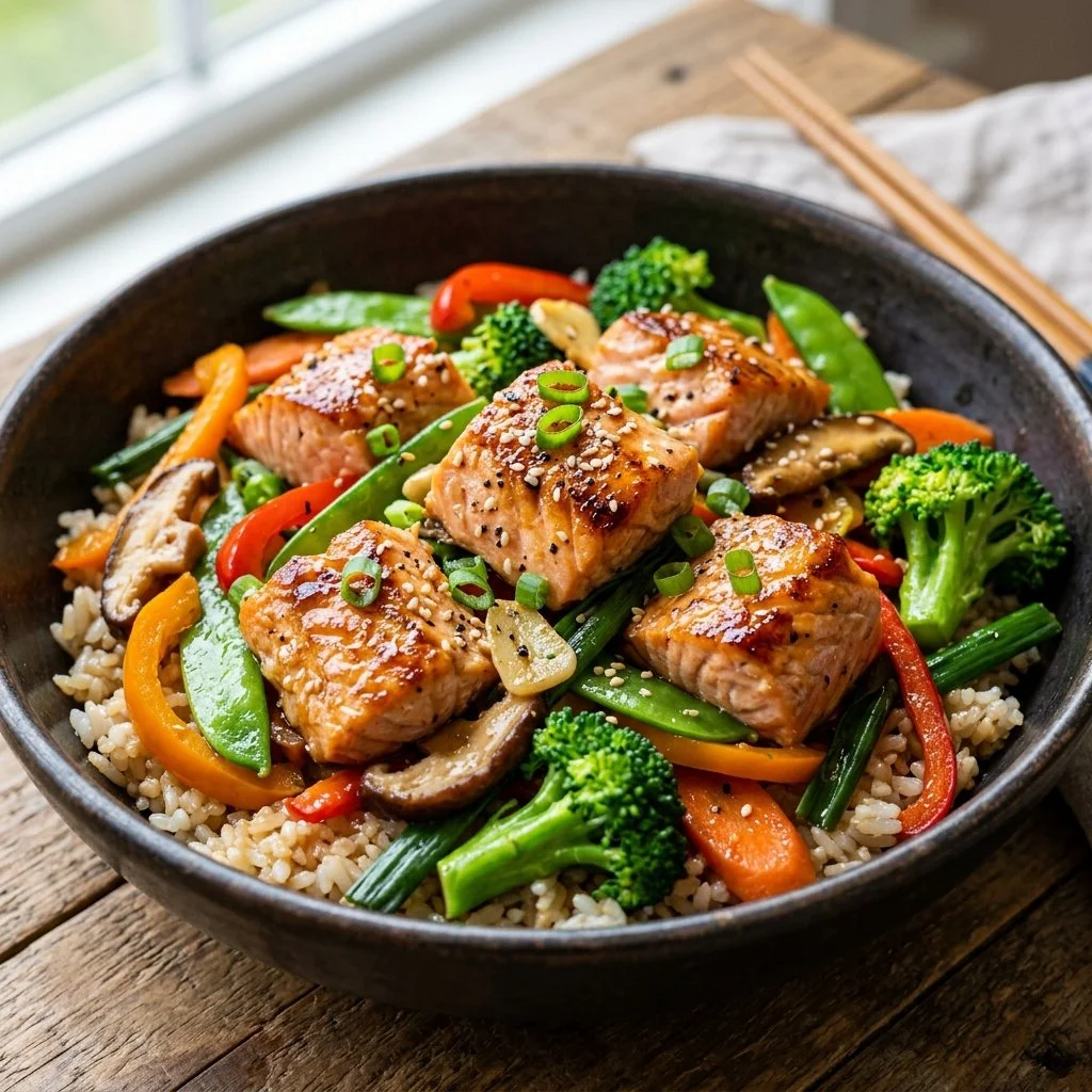 Delicious salmon stir fry with colorful vegetables and a rich sauce