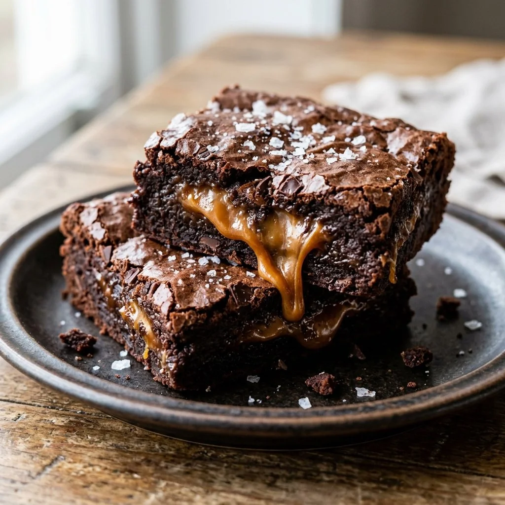 Delicious salted caramel brownies with a rich chocolate base and caramel drizzle on top
