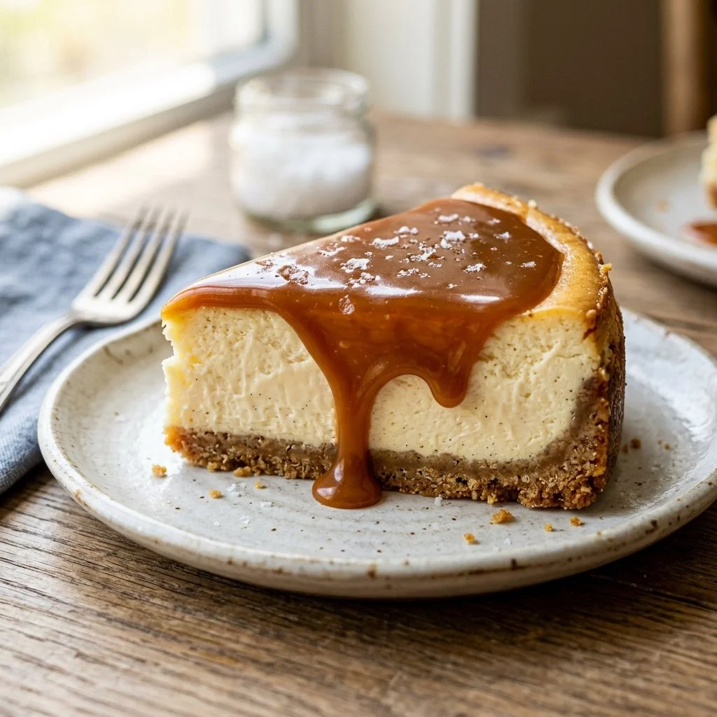 Delicious salted caramel cheesecake topped with drizzled caramel sauce