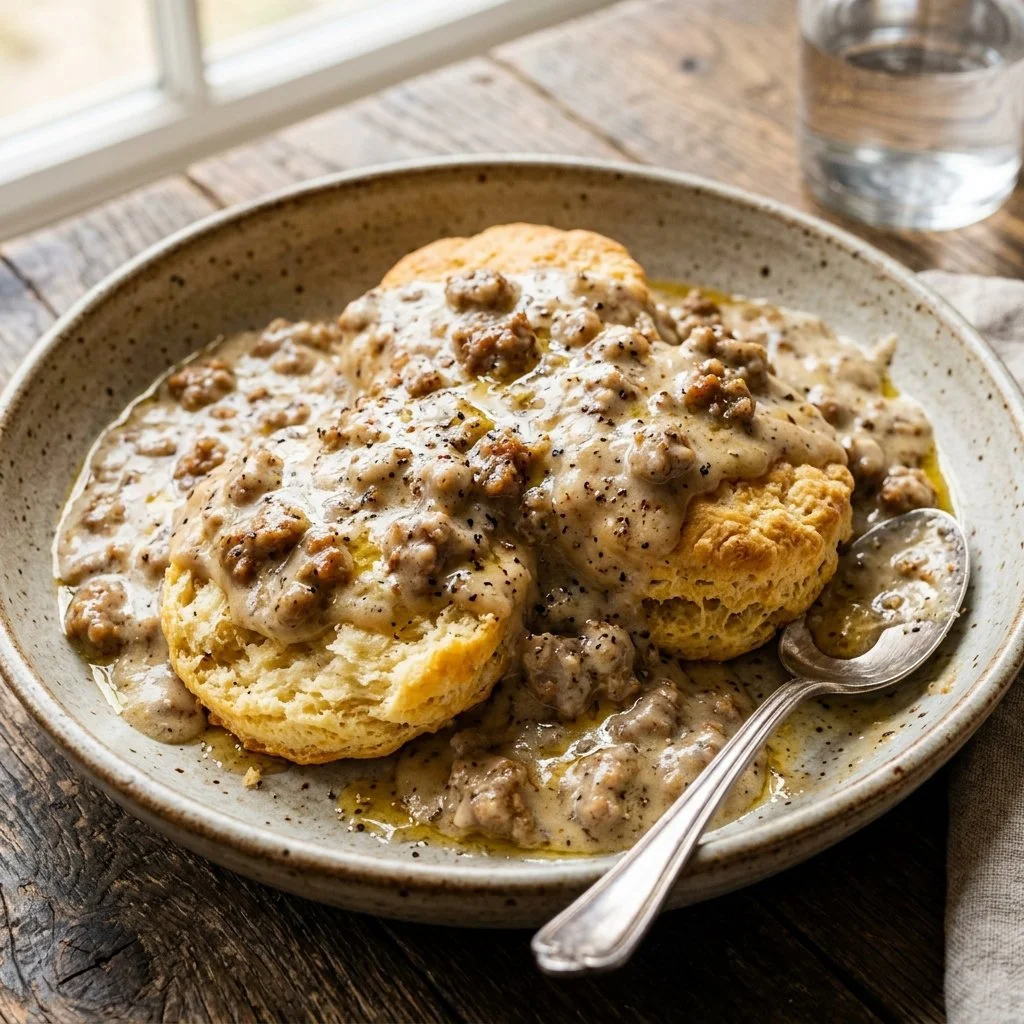 Delicious sausage gravy served with warm, flaky biscuits