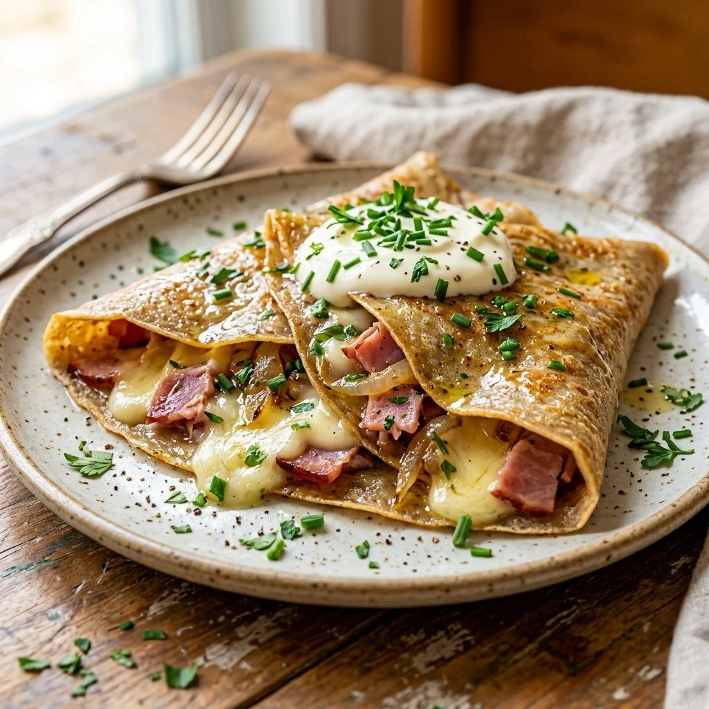 Plate of delicious savory crepes filled with cheese and vegetables