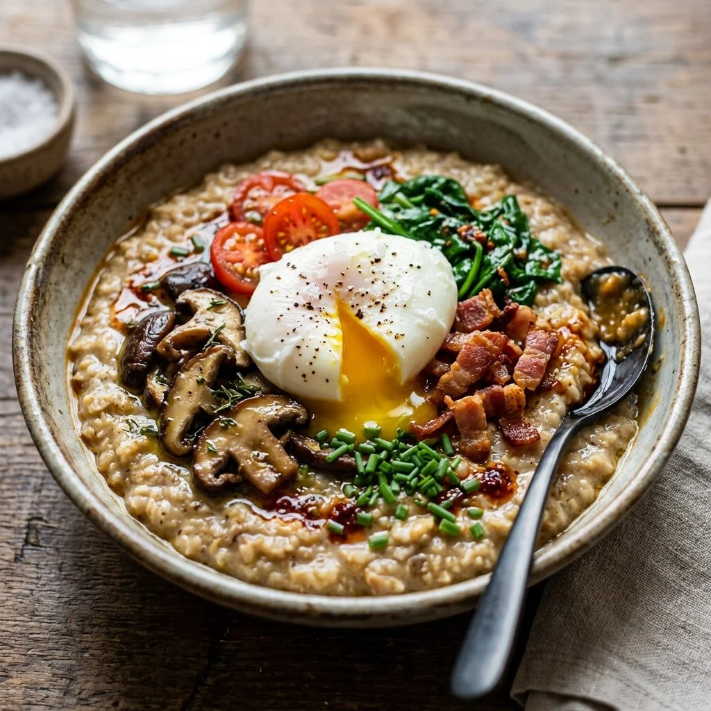 Bowl of savory oatmeal topped with vegetables and herbs for a nutritious meal