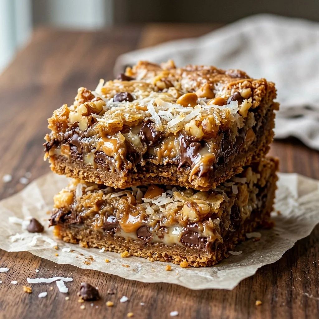 Decadent Seven Layer Bars with chocolate, nuts, and coconut layers.