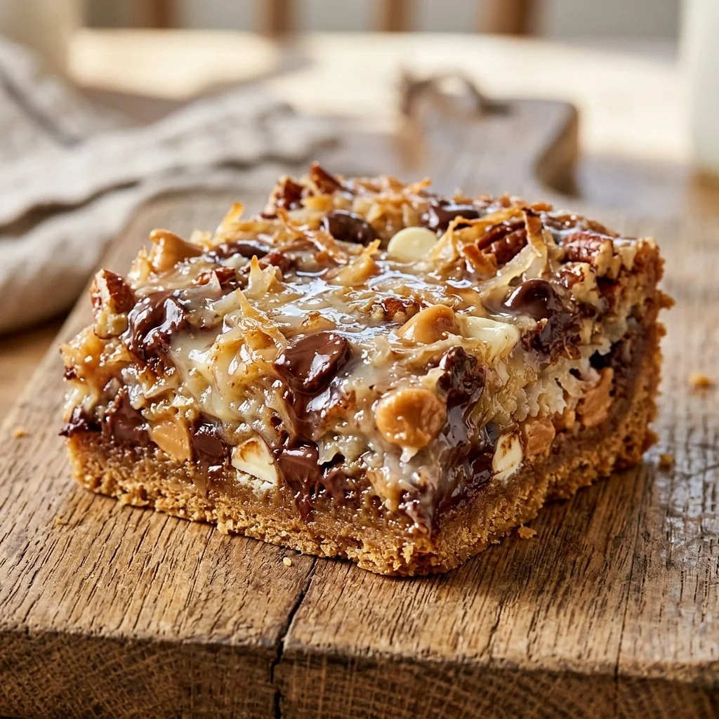 Decadent Seven Layer Bars with chocolate, coconut, and nuts on a dessert platter.