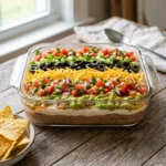 Delicious seven layer dip served in a bowl with toppings