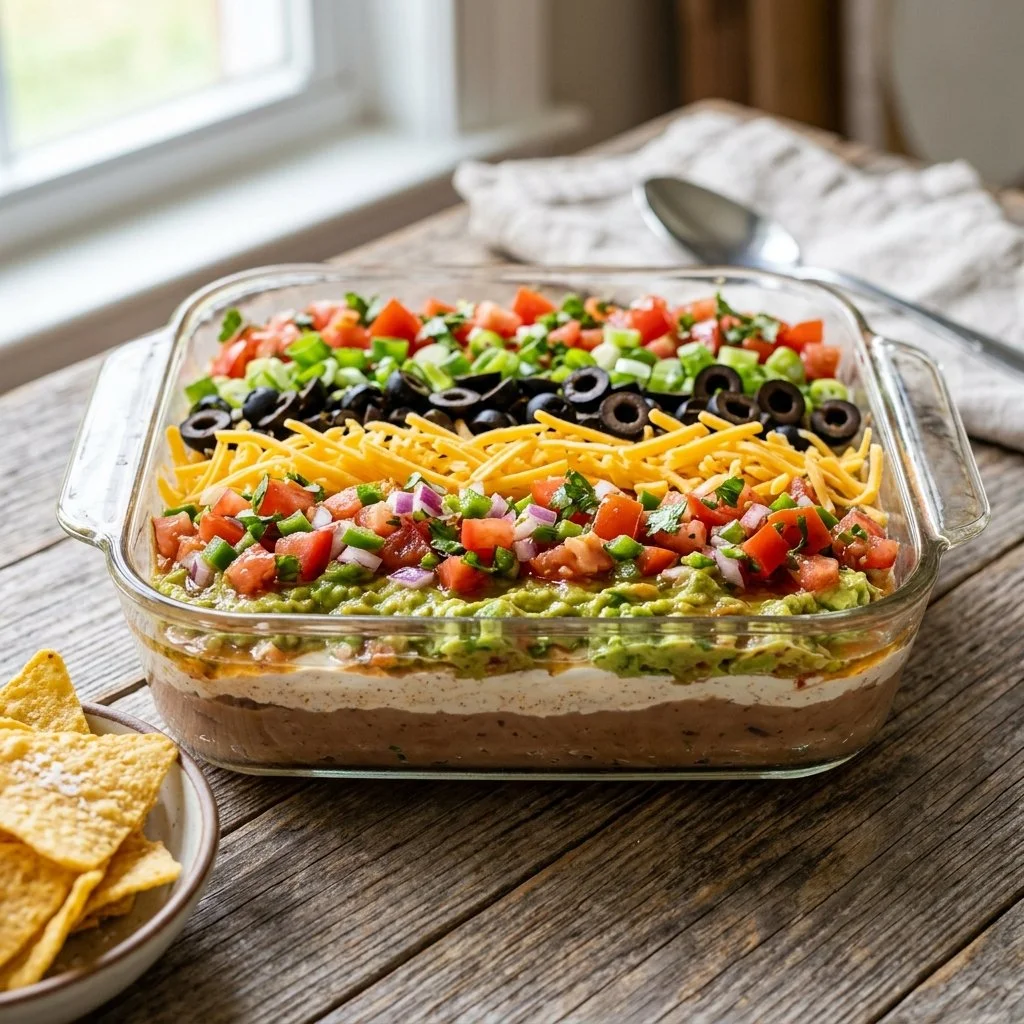 Delicious seven layer dip served in a bowl with toppings