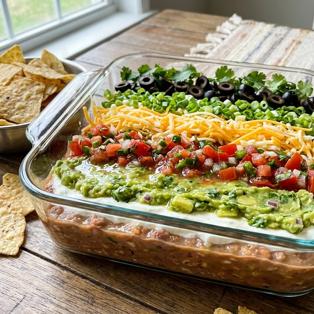 Delicious Seven Layer Dip served in a bowl with chips on the side
