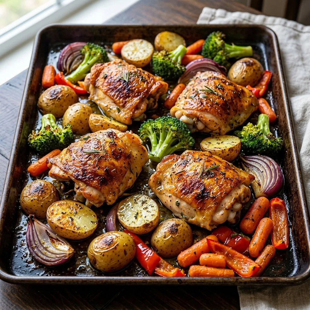 Delicious Sheet Pan Chicken with colorful vegetables arranged on a baking sheet.