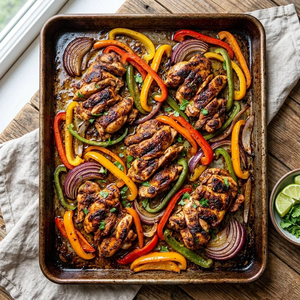 Sheet pan chicken fajitas with colorful peppers and onions cooked together.