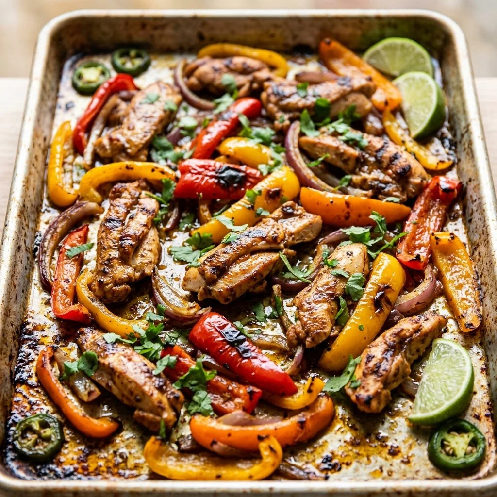 Sheet pan chicken fajitas with colorful bell peppers and onions