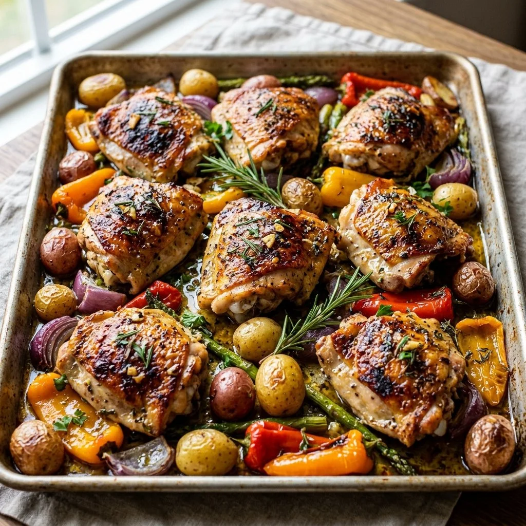 Delicious sheet pan chicken thighs roasted with vegetables