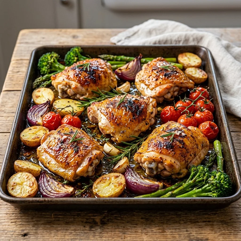 Sheet pan chicken thighs roasted with vegetables for a quick and easy meal