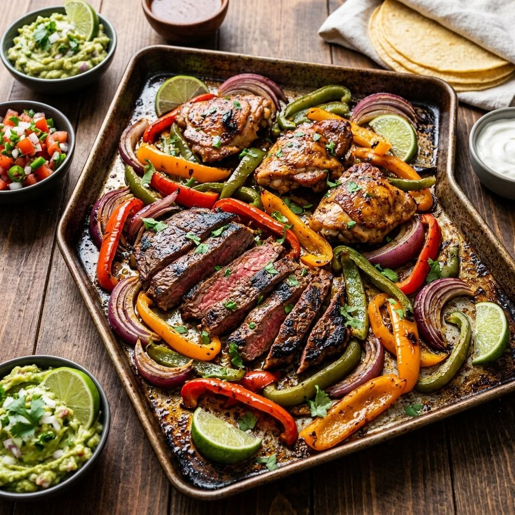 Delicious sheet pan fajitas with colorful peppers and grilled chicken