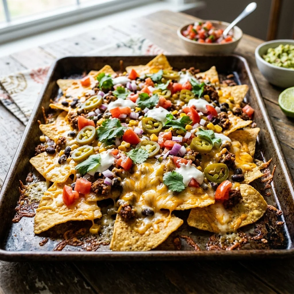 Delicious sheet pan nachos topped with cheese, jalapenos, and salsa