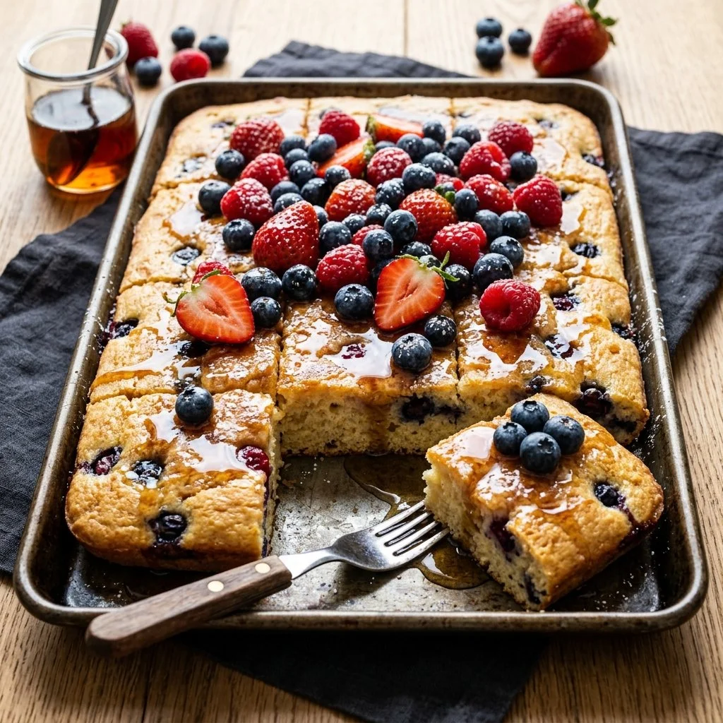 Delicious sheet pan pancakes served with syrup and berries on a wooden table