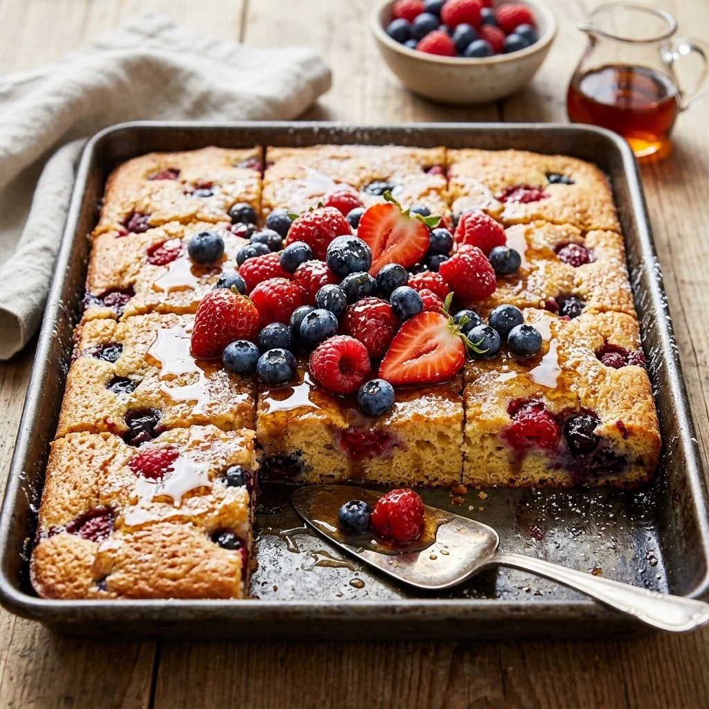 Delicious sheet pan pancakes baked and served in a colorful kitchen setting.