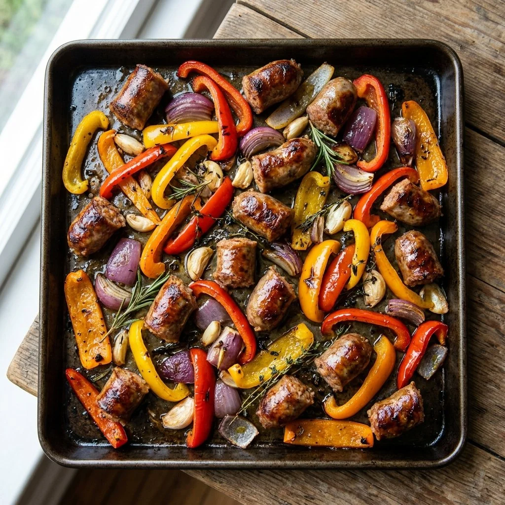 A colorful sheet pan with roasted sausage and peppers