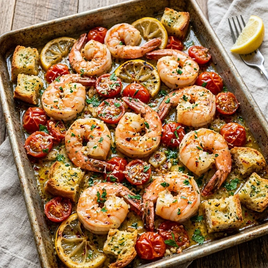 Delicious sheet pan shrimp scampi with garlic and herbs