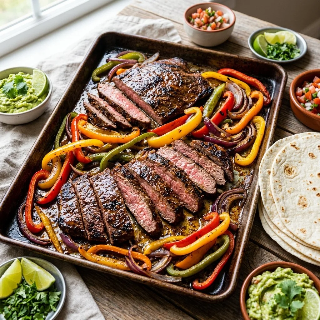 Delicious sheet pan steak fajitas with peppers and onions