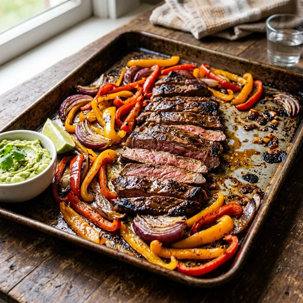 Sheet pan steak fajitas with colorful peppers and onions ready to serve.