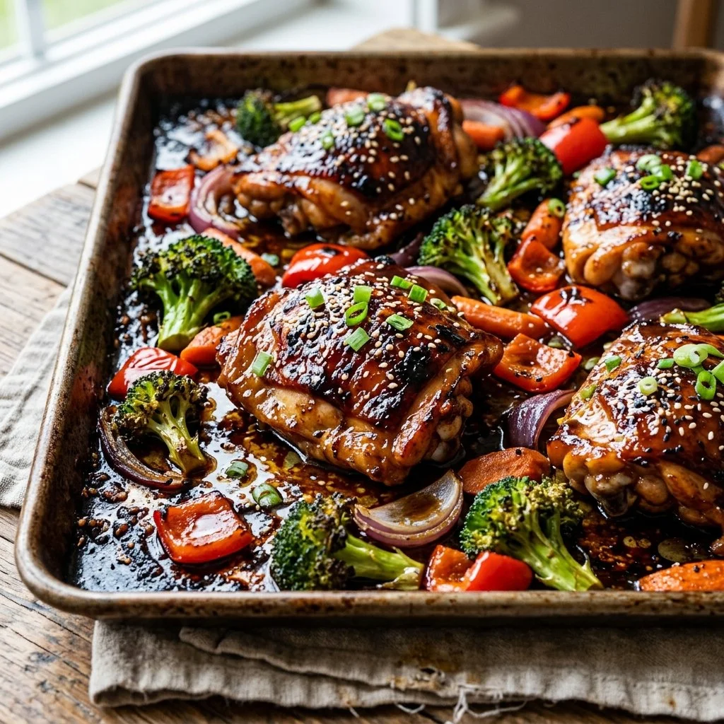 Delicious sheet pan teriyaki chicken ready to serve with vegetables.