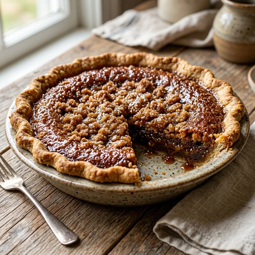 A delicious slice of Shoofly Pie with a golden crust and rich filling.