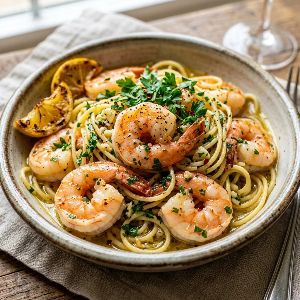 Delicious shrimp scampi dish served with garlic and herbs