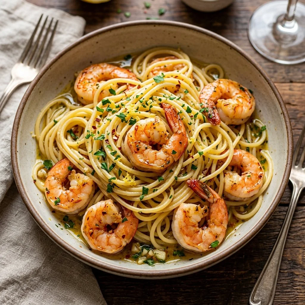 Delicious shrimp scampi pasta garnished with parsley and lemon