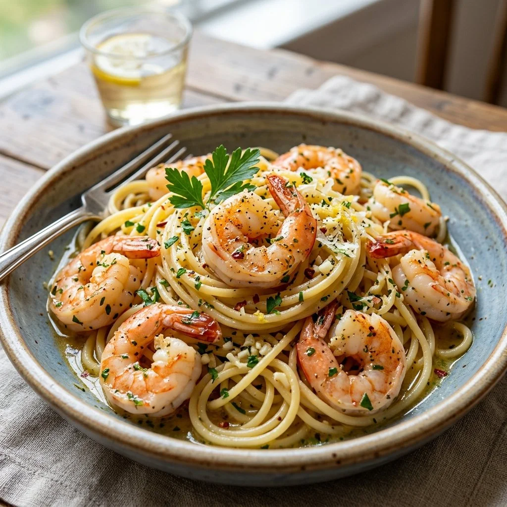 Plate of shrimp scampi pasta garnished with herbs and lemon slices