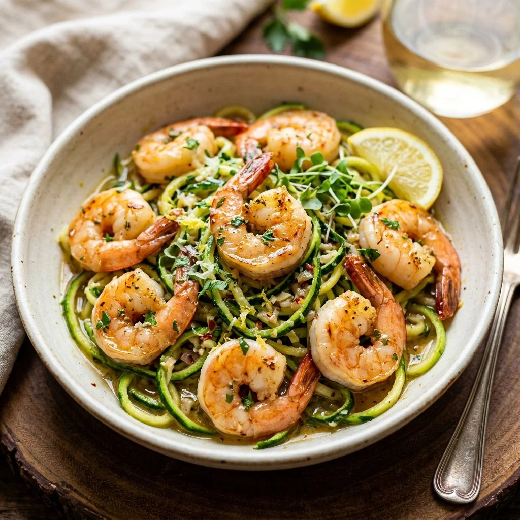 Delicious shrimp scampi zoodles with garlic and herbs