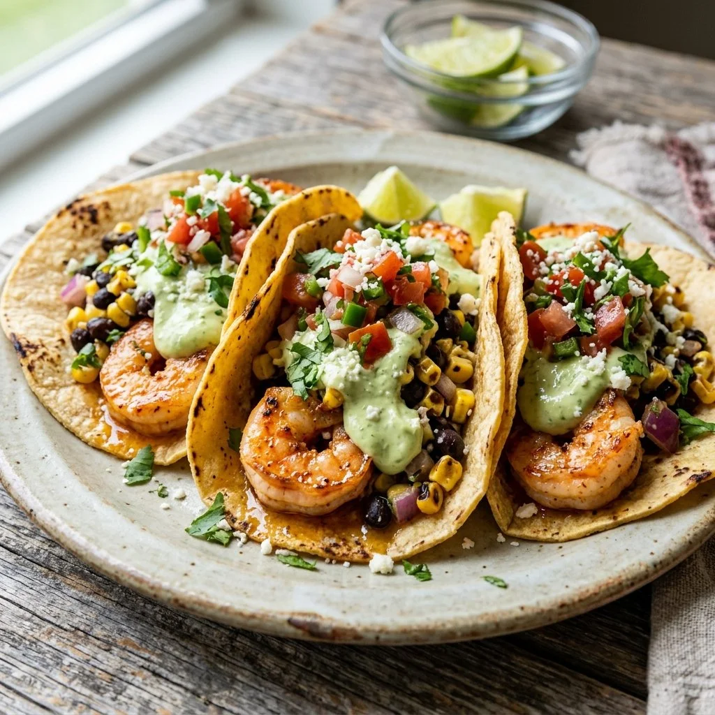 Delicious shrimp tacos topped with fresh ingredients and served in warm tortillas.