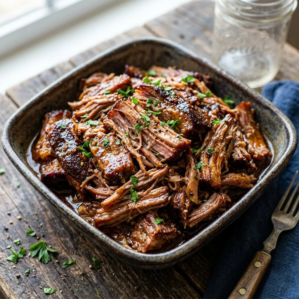 Delicious slow cooker pulled pork served in a bun with BBQ sauce.