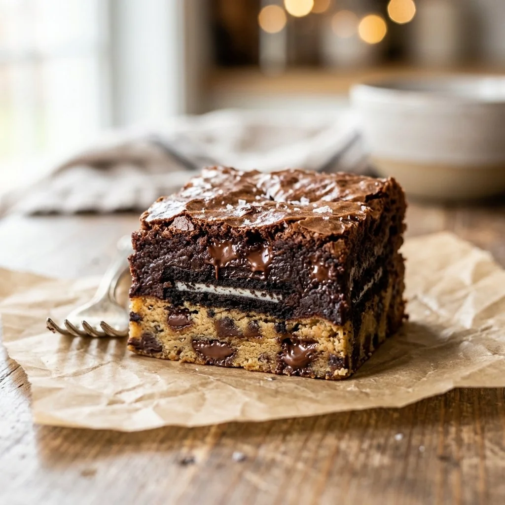 Deliciously layered slutty brownies with cookie dough and Oreo topping.