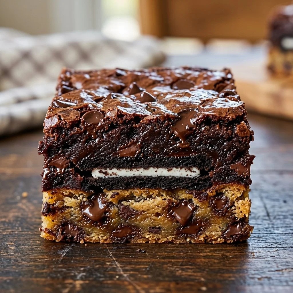 Delicious slutty brownies with cookie dough and Oreos layered inside