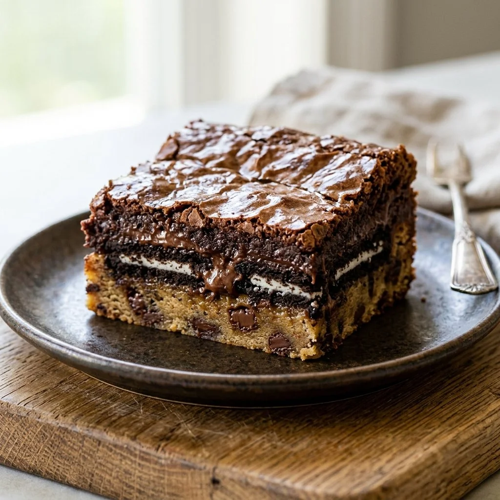 Delicious homemade slutty brownies with layers of cookie dough and brownie mix