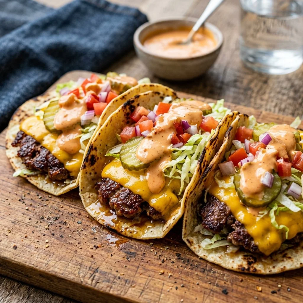 Delicious smash burger tacos served with fresh toppings