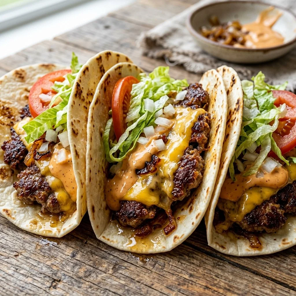 Delicious smash burger tacos loaded with toppings and flavors.