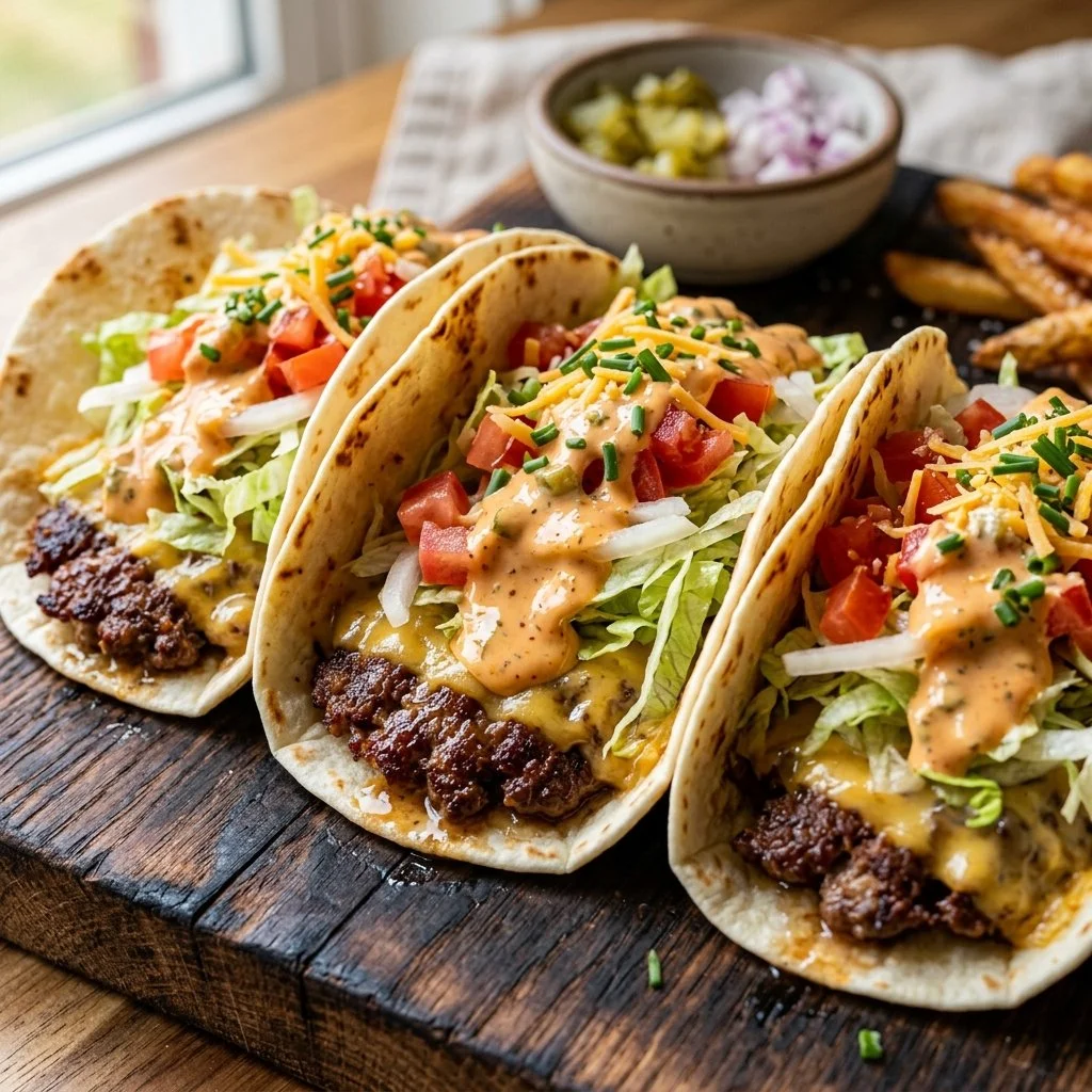 Delicious smash burger tacos served with fresh toppings and sauces.