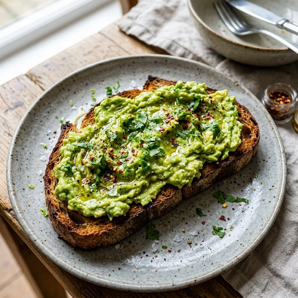 Smashed avocado toast on whole grain bread with cherry tomatoes and herbs