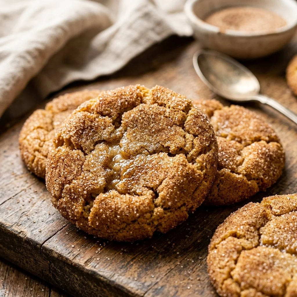 Freshly baked snickerdoodle cookies with cinnamon sugar topping.