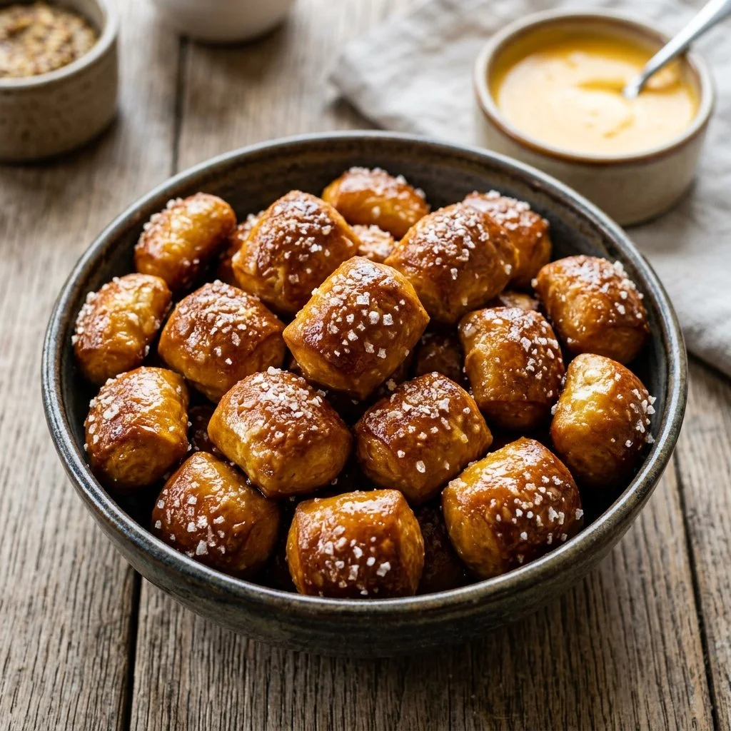 Delicious homemade soft pretzel bites served with dipping sauce