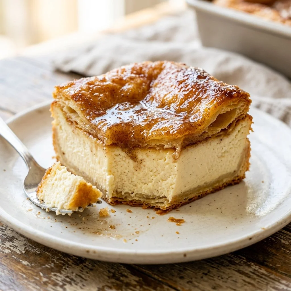 Delicious Sopapilla Cheesecake dessert topped with cinnamon and sugar layers.